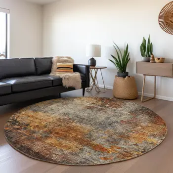 8' Copper Terra Cotta And Black Round Abstract Washable Indoor Outdoor Area Rug