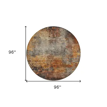8' Copper Terra Cotta And Black Round Abstract Washable Indoor Outdoor Area Rug