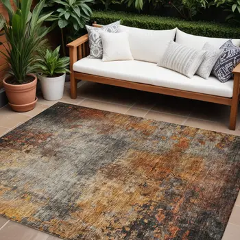 8' X 10' Copper Terra Cotta And Black Abstract Washable Indoor Outdoor Area Rug