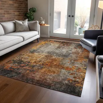 10' X 14' Copper Terra Cotta And Black Abstract Washable Indoor Outdoor Area Rug