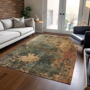 3' X 5' Sage Tan And Copper Abstract Washable Indoor Outdoor Area Rug