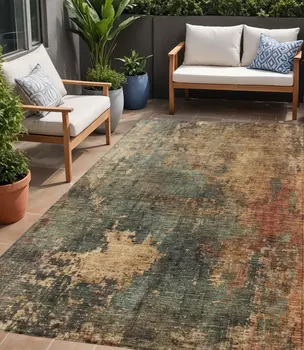 5' X 8' Sage Tan And Copper Abstract Washable Indoor Outdoor Area Rug