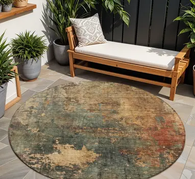 8' Sage Tan And Copper Round Abstract Washable Indoor Outdoor Area Rug