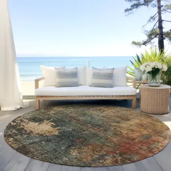 8' Sage Tan And Copper Round Abstract Washable Indoor Outdoor Area Rug