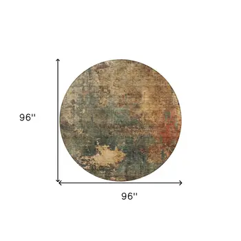 8' Sage Tan And Copper Round Abstract Washable Indoor Outdoor Area Rug