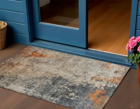 3' X 5' Khaki Gray And Copper Abstract Washable Indoor Outdoor Area Rug