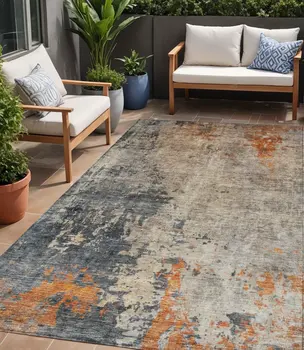 5' X 8' Khaki Gray And Copper Abstract Washable Indoor Outdoor Area Rug
