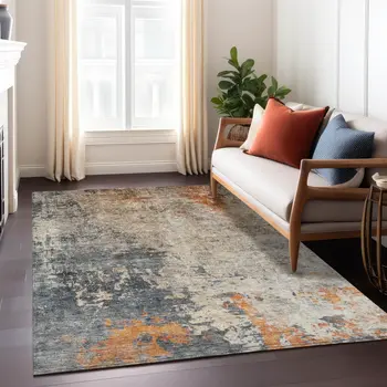 5' X 8' Khaki Gray And Copper Abstract Washable Indoor Outdoor Area Rug