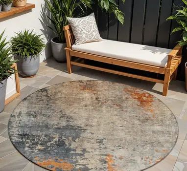 8' Khaki Gray And Copper Round Abstract Washable Indoor Outdoor Area Rug