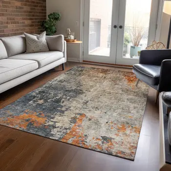 10' X 14' Khaki Gray And Copper Abstract Washable Indoor Outdoor Area Rug