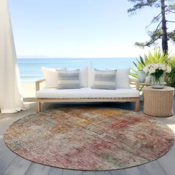 8' Tan Copper And Terra Cotta Round Abstract Washable Indoor Outdoor Area Rug