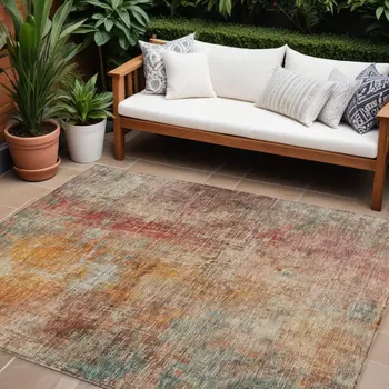9' X 12' Tan Copper And Terra Cotta Abstract Washable Indoor Outdoor Area Rug