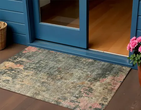 3' X 5' Sage Gray And Pink Abstract Washable Indoor Outdoor Area Rug