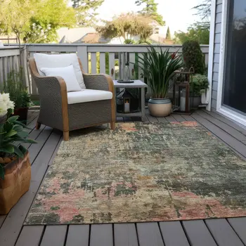 5' X 8' Sage Gray And Pink Abstract Washable Indoor Outdoor Area Rug