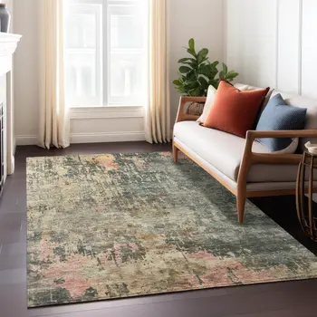 5' X 8' Sage Gray And Pink Abstract Washable Indoor Outdoor Area Rug