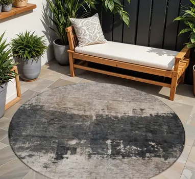 8' Taupe And Charcoal Round Abstract Washable Indoor Outdoor Area Rug