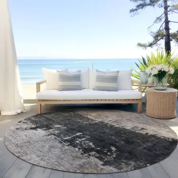 8' Taupe And Charcoal Round Abstract Washable Indoor Outdoor Area Rug