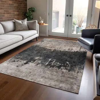 9' X 12' Taupe And Charcoal Abstract Washable Indoor Outdoor Area Rug