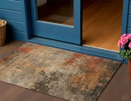 3' X 5' Khaki Brown And Copper Abstract Washable Indoor Outdoor Area Rug