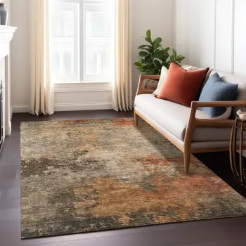 3' X 5' Khaki Brown And Copper Abstract Washable Indoor Outdoor Area Rug
