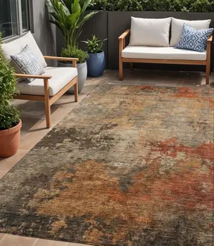 5' X 8' Khaki Brown And Copper Abstract Washable Indoor Outdoor Area Rug