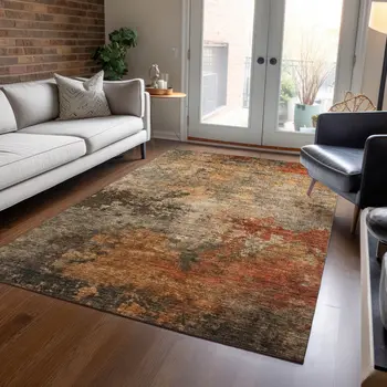 5' X 8' Khaki Brown And Copper Abstract Washable Indoor Outdoor Area Rug