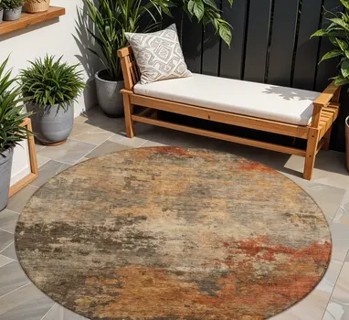 8' Khaki Brown And Copper Round Abstract Washable Indoor Outdoor Area Rug