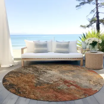 8' Khaki Brown And Copper Round Abstract Washable Indoor Outdoor Area Rug