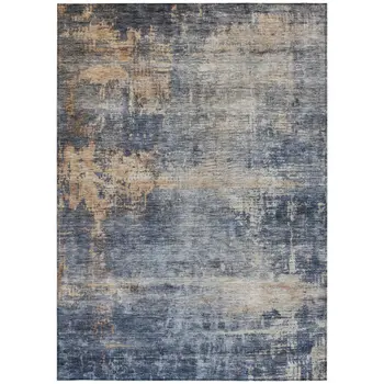 3' X 5' Denim Blue And Tan Abstract Washable Indoor Outdoor Area Rug