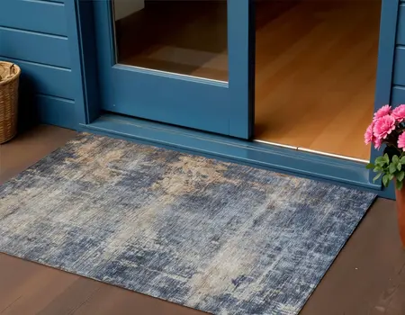 3' X 5' Denim Blue And Tan Abstract Washable Indoor Outdoor Area Rug