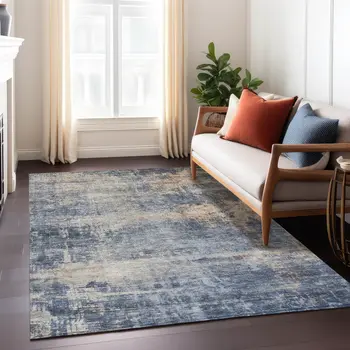 5' X 8' Denim Blue And Tan Abstract Washable Indoor Outdoor Area Rug