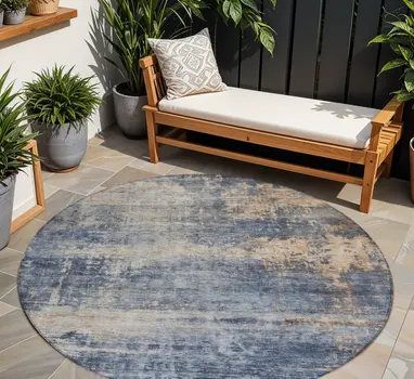 8' Denim Blue And Tan Round Abstract Washable Indoor Outdoor Area Rug