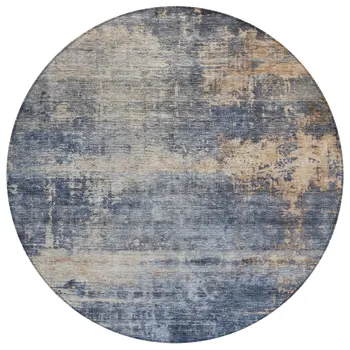 8' Denim Blue And Tan Round Abstract Washable Indoor Outdoor Area Rug