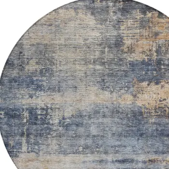 8' Denim Blue And Tan Round Abstract Washable Indoor Outdoor Area Rug