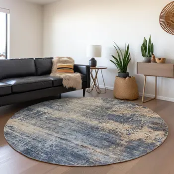 8' Denim Blue And Tan Round Abstract Washable Indoor Outdoor Area Rug