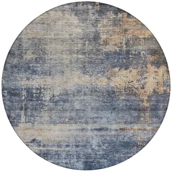 8' Denim Blue And Tan Round Abstract Washable Indoor Outdoor Area Rug