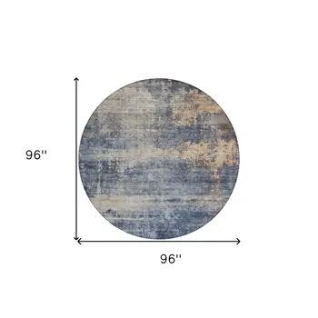 8' Denim Blue And Tan Round Abstract Washable Indoor Outdoor Area Rug