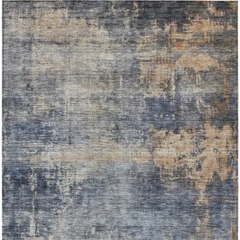 9' X 12' Denim Blue And Tan Abstract Washable Indoor Outdoor Area Rug