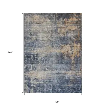 9' X 12' Denim Blue And Tan Abstract Washable Indoor Outdoor Area Rug