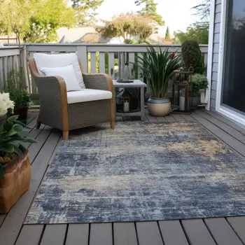 9' X 12' Denim Blue And Tan Abstract Washable Indoor Outdoor Area Rug