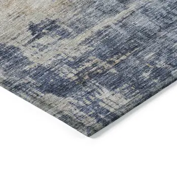 9' X 12' Denim Blue And Tan Abstract Washable Indoor Outdoor Area Rug