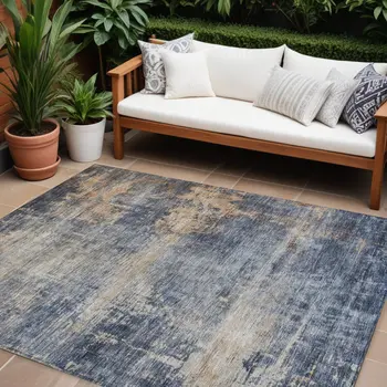 10' X 14' Denim Blue And Tan Abstract Washable Indoor Outdoor Area Rug