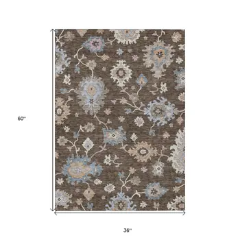 3' X 5' Chocolate Beige And Blue Floral Washable Indoor Outdoor Area Rug