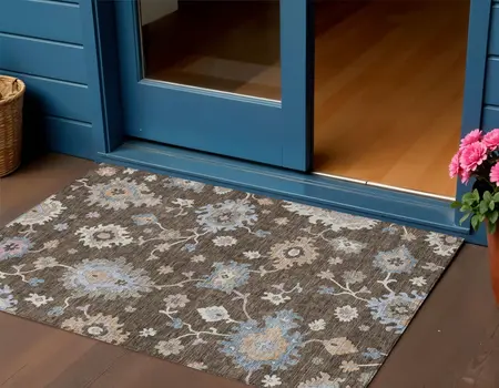 3' X 5' Chocolate Beige And Blue Floral Washable Indoor Outdoor Area Rug