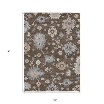 5' X 8' Chocolate Beige And Blue Floral Washable Indoor Outdoor Area Rug