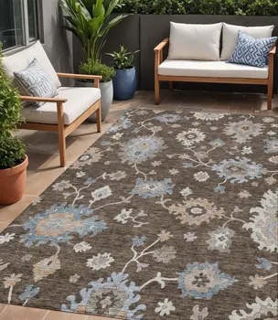 5' X 8' Chocolate Beige And Blue Floral Washable Indoor Outdoor Area Rug