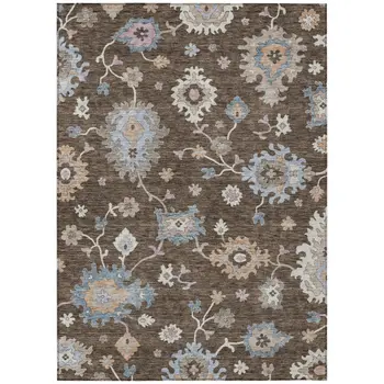 5' X 8' Chocolate Beige And Blue Floral Washable Indoor Outdoor Area Rug