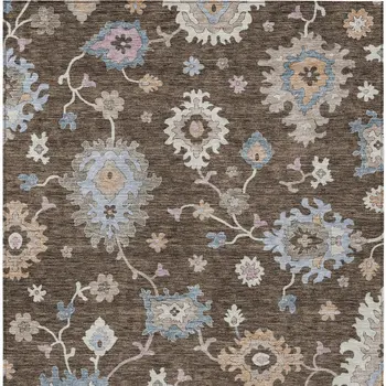 5' X 8' Chocolate Beige And Blue Floral Washable Indoor Outdoor Area Rug