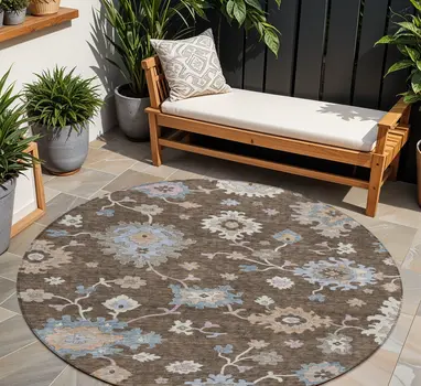 8' Chocolate Beige And Blue Round Floral Washable Indoor Outdoor Area Rug