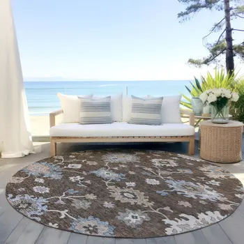 8' Chocolate Beige And Blue Round Floral Washable Indoor Outdoor Area Rug